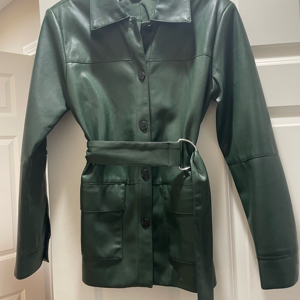 Tahari Forest Green Leather Jacket with Belt